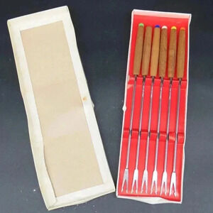 6 Fondue BBQ Kabob Skewers Forks 10" Color Coded Stainless Wood Handles Vintage